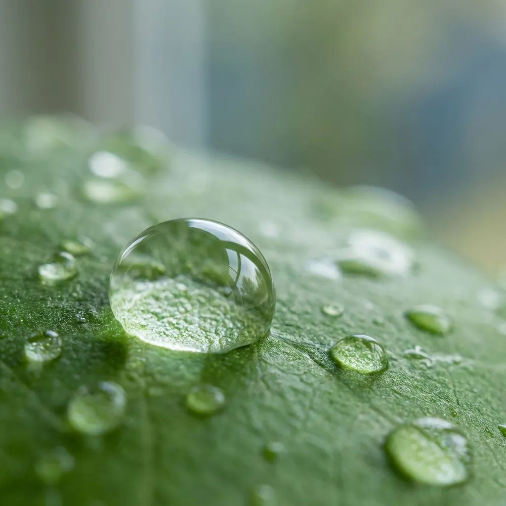 高品質なフォトリアリスティックなストックフォト。新鮮な緑の葉の、鮮やかで質感のある表面に完璧に乗った、クリスタルクリアな水滴のマクロ写真。構図はミニマリストで、三分割法に従って配置された一つの目立つ水滴が特徴。その周囲には、いくつかの小さく完璧な球状の水滴が散らばっている。水滴と、それに隣接する葉の表面の微細なディテールに、カミソリのように鋭い焦点が合っており、あらゆる微細な反射、屈折、そして葉の繊細な葉脈のパターンが露わになっている。照明は柔らかく拡散された自然光で、側面から優しくシーンを照らし、水滴の中に繊細なハイライトと影を作り出している。これにより、遠くのぼやけた環境の小さく歪んだ反射が映し出されている。極めて浅い被写界深度により、背景にはクリーミーで幻想的なボケが生まれ、あらゆる注意散漫な要素が、穏やかな緑と青の滑らかなぼかしへと抽象化されている。全体的な美学は、清潔で、手つかずで、静謐であり、UnsplashやGetty Imagesのような、プロフェッショナルで需要の高い商業用途のスタイルを目指している。85mmマクロレンズ、f/2.8で撮影され、高解像度、超高精細。