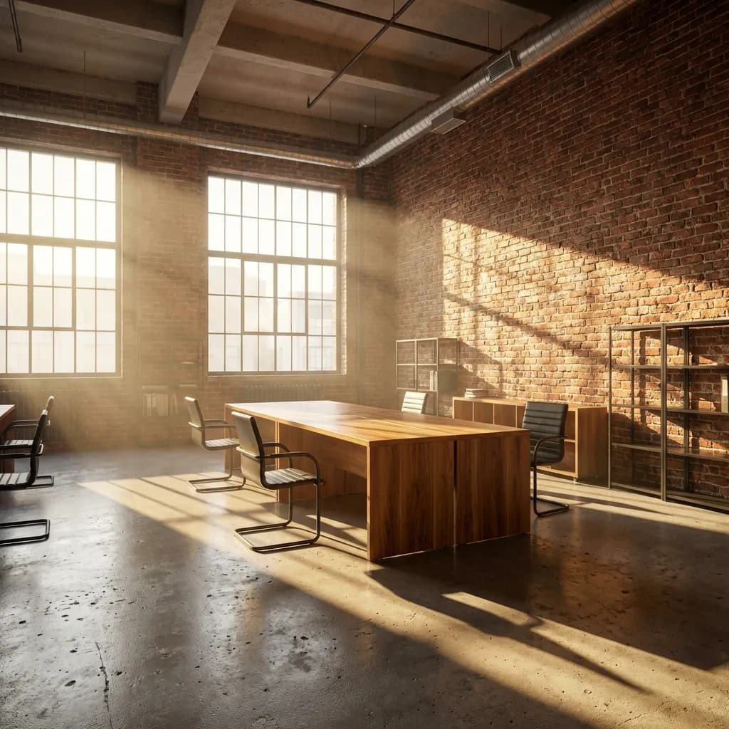 広々とした工業スタイルの会議室が、大きな格子窓から差し込む金色の太陽光で美しく照らされています。劇的な光の筋が室内に入り込み、空気中の微粒子を際立たせ、磨かれたコンクリートの床と素朴なレンガの壁に長く鋭い影を落としています。この温かく魅力的ながらもやや簡素な雰囲気の中で、存在感のある木製会議テーブルと洗練された黒い椅子が部屋の中央に配置されています。