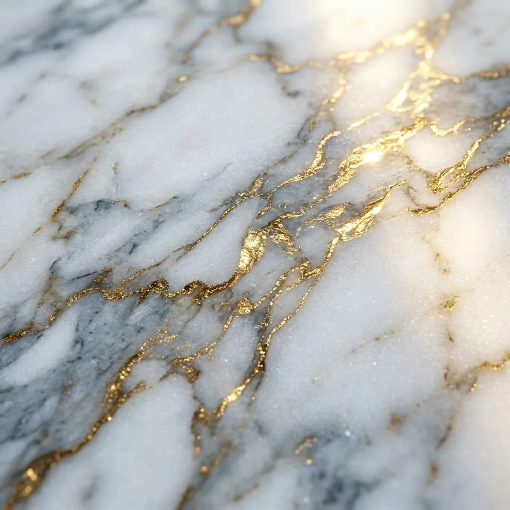 複雑な金色のマーブル模様が特徴の超写実的なマクロ写真です。ドラマチックなサイドライティングが、豪華な石材の奥行きと自然な起伏を丹念に強調し、埋め込まれた金線がその金属的な表面から光を強く反射してきらめきます。これにより、磨かれた大理石のクールなグレーと白のトーンとの見事なコントラストが生まれています。このプロフェッショナルな商用ストック写真は、超高解像度、8Kディテール、そしてあらゆる複雑な要素に信じられないほどシャープなフォーカスを特徴としています。クリーンな構図と歪みのない、豊かで非常に詳細なテクスチャが表現されており、ハイエンドのグラフィックデザインの背景、Adobe Stock品質、Getty Imagesの美学、建築写真スタイル、4Kテクスチャとして理想的です。