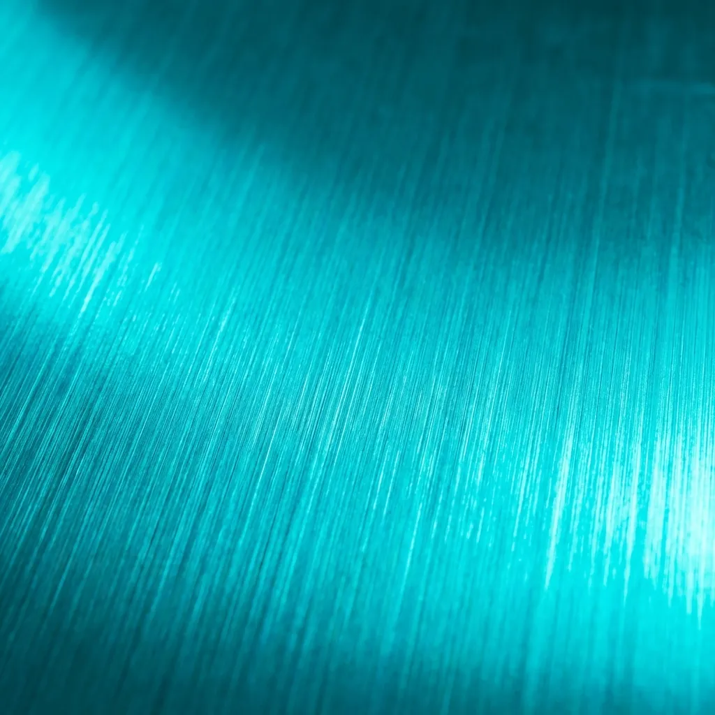 写真素材。プロフェッショナルな商業用ストックフォト。きめ細かくブラシ加工された金属表面に、エレクトリックシアンの色合いで彩られたミニマルなマクロフォーカス。鋭く輝くエレクトリックシアンの光は金属の粒状構造と相互作用し、それぞれの繊細で方向性のある条痕から鮮やかに反射することで、平面全体に活気に満ちたハイテクなデジタル感を創り出しています。色彩は極めて彩度が高く、エッジの効いた、まるで蛍光のような質感を帯びており、鮮明でクールな光によって複雑な金属の質感を際立たせています。ハイパーリアル、超高解像度8K、精巧なディテール、シャープなフォーカス、4Kテクスチャ、クリーンな構図、歪みなし。スタイル:Adobe Stock、Getty Images。