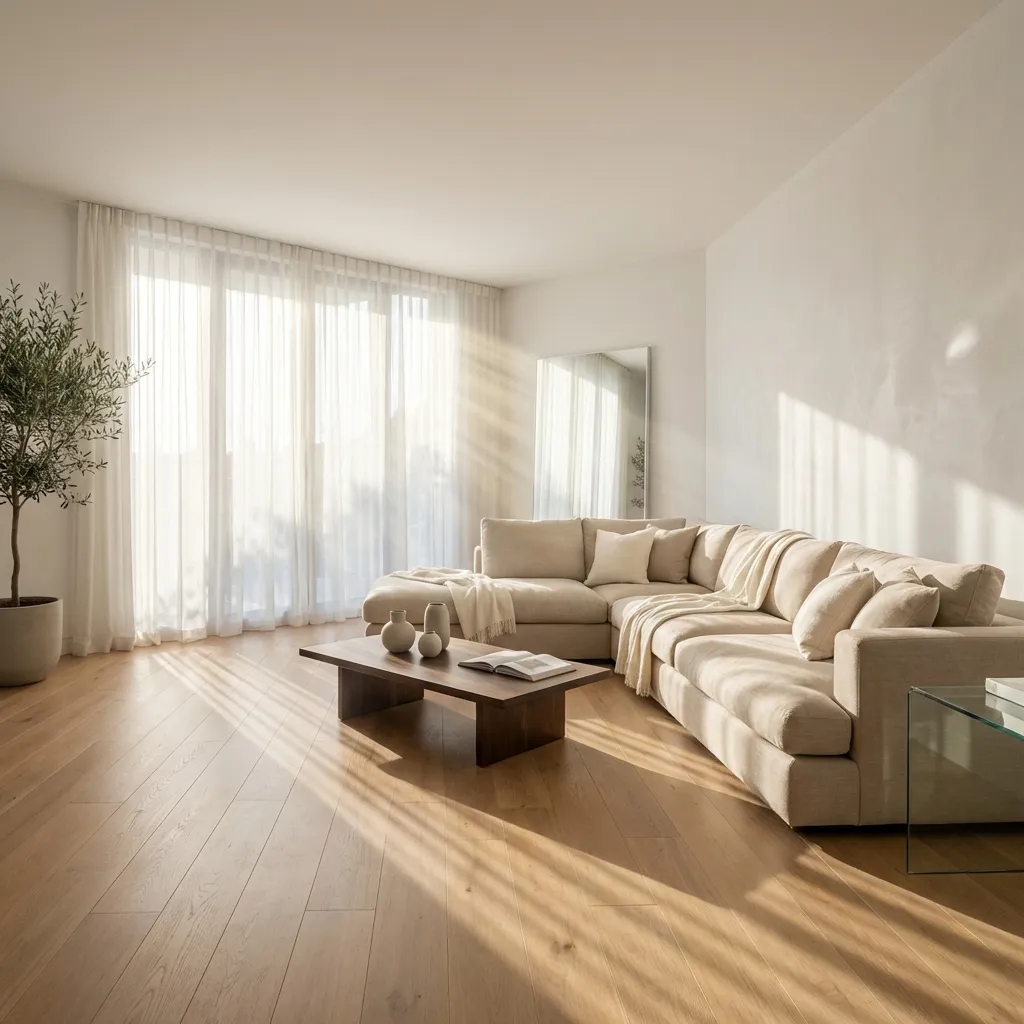 明るく穏やかなこのリビングルームは、心地よいブランケットとクッションが配された広々としたベージュのL字型ソファを中心に、温かみのあるミニマリストな魅力を放っています。白いシアーなカーテン越しに黄金色の陽光が差し込み、明るい木製の床に美しい長い影を落とし、居心地の良い開放的な雰囲気を演出しています。