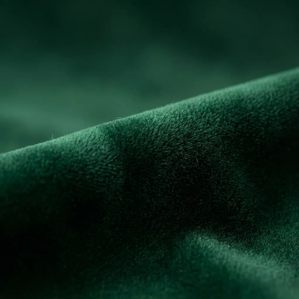 【写真】プロフェッショナルな商用ストックフォト。超高解像度、8K。**エメラルドベルベット**の表面を捉えたミニマリストなマクロフォーカスショットで、柔らかな光の吸収と贅沢な繊維の深さを強調しています。豊かなエメラルドの色合いが個々の繊維に深く浸透し、魅惑的な光と影の相互作用を生み出し、豪華なパイルの複雑なディテールを際立たせています。優しく、繊細なシワとベルベットの自然な毛並みが光を吸収し、微細な繊維の一つ一つがはっきりと見て取れる、滑らかで豪華なテクスチャを作り出しています。ハイパーリアル、シャープフォーカス、複雑なディテール、4Kテクスチャ、歪みなし。クリーンな構図で、ハイエンドなグラフィックデザインの背景に最適です。スタイル参考:Adobe Stock、Getty Images。