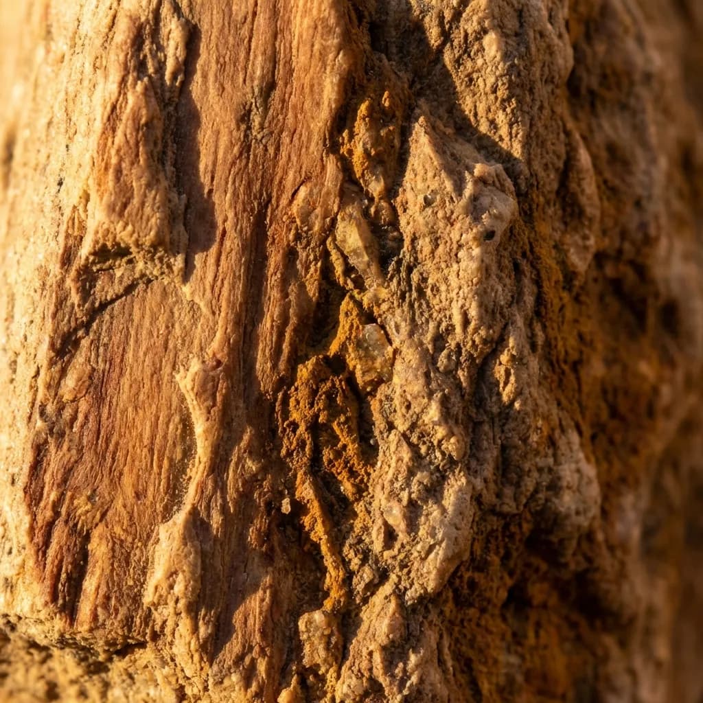 【写真】プロフェッショナルな商業用ストック写真。奥行きと影を強調する劇的なサイドライティングで、未加工の石の質感を捉えた超高解像度、8K、ハイパーリアルなマクロ写真。色彩はアースカラー&オーガニックで、温かみのある木の色調と、ほのかな砂のようなベージュのアンダートーンに焦点を当てています。天然石の深いベージュの色素は、劇的なサイドライトによって深く照らされ、あらゆる隆起、隙間、鉱物の堆積を際立たせる長く鋭い影を落としています。粗く未処理の表面は光を不均一に捉え、粒状のディテールや微細な欠陥を際立たせ、豊かでオーガニックな質感を生み出しています。石の自然な構成に含まれる繊細な木の色調は、強烈な照明によって引き出され、複雑な細部にシャープな焦点を合わせ、ハイエンドなグラフィックデザインの背景に適したクリーンな構図を提供します。4Kテクスチャ、歪みなし。スタイル参照:Adobe Stock、Getty Images、プロの建築写真。