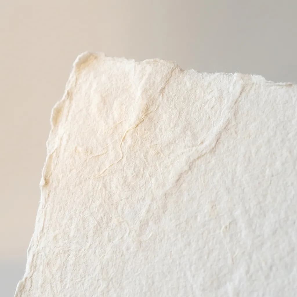 厚手のオフホワイトのコットンラグ紙を主役にしたミニマルな構図のマクロ写真。シャープなピントが、その自然な繊維質の質感の精緻なディテールを捉え、個々の繊維、微妙な厚さのばらつき、わずかなデッケルエッジ(耳)までを鮮明に映し出している。紙は、大きな北向きの窓から差し込む柔らかく拡散された自然光を浴び、穏やかで細長い影を落とすことで、強いコントラストなく立体的な表面を引き立てている。穏やかで均一なハイライトが、質感の隆起した部分を優しく照らす。構図は超ミニマルでクリーンであり、紙がフレームの大部分を占めつつも、その縁の周りに十分な余白(ネガティブスペース)があることでバランスが取れており、落ち着きと精密さの感覚を生み出している。色彩は厳密にモノクロームで、暖かみのあるクリーム色、ベージュ、ごく薄いグレーのトーンが主体。広角マクロレンズで浅い被写界深度(f/2.8)で撮影され、紙を際立たせ、紙の見える表面のあらゆる部分が鮮明で非常にシャープなピントであることを保証している。UnsplashやGetty Imagesを彷彿とさせる、高解像度で需要の高い商用利用可能なストックフォト。