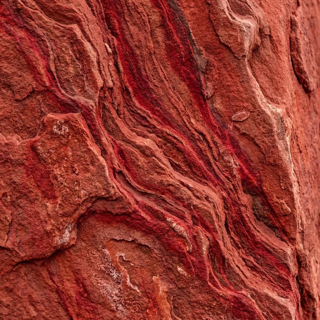 赤くごつごつとした岩肌を接写した、力強い地質学的パターンが印象的な一枚です。錆びたような赤色の石の表面には、深紅やえんじ色の筋が波打つようにダイナミックに走り、その層状の形成と太古の美しさを際立たせています。粗い質感と多様な色合いが、力強く大地を感じさせる抽象的な構図を作り出しています。
