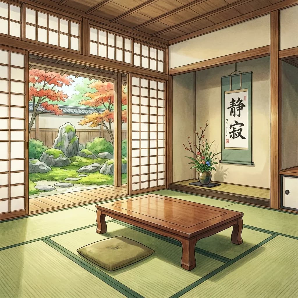 畳敷きの伝統的な和室が、障子の向こうに広がる美しい日本庭園へと繋がる、穏やかな雰囲気のイラストです。庭園には苔むした岩、飛び石、そして赤やオレンジに色づいた鮮やかな紅葉の木々が描かれ、室内には「静寂」と書かれた掛け軸といけばなが飾られています。温かみのある木の色と自然光が調和し、静かで落ち着いた空間を演出しています。