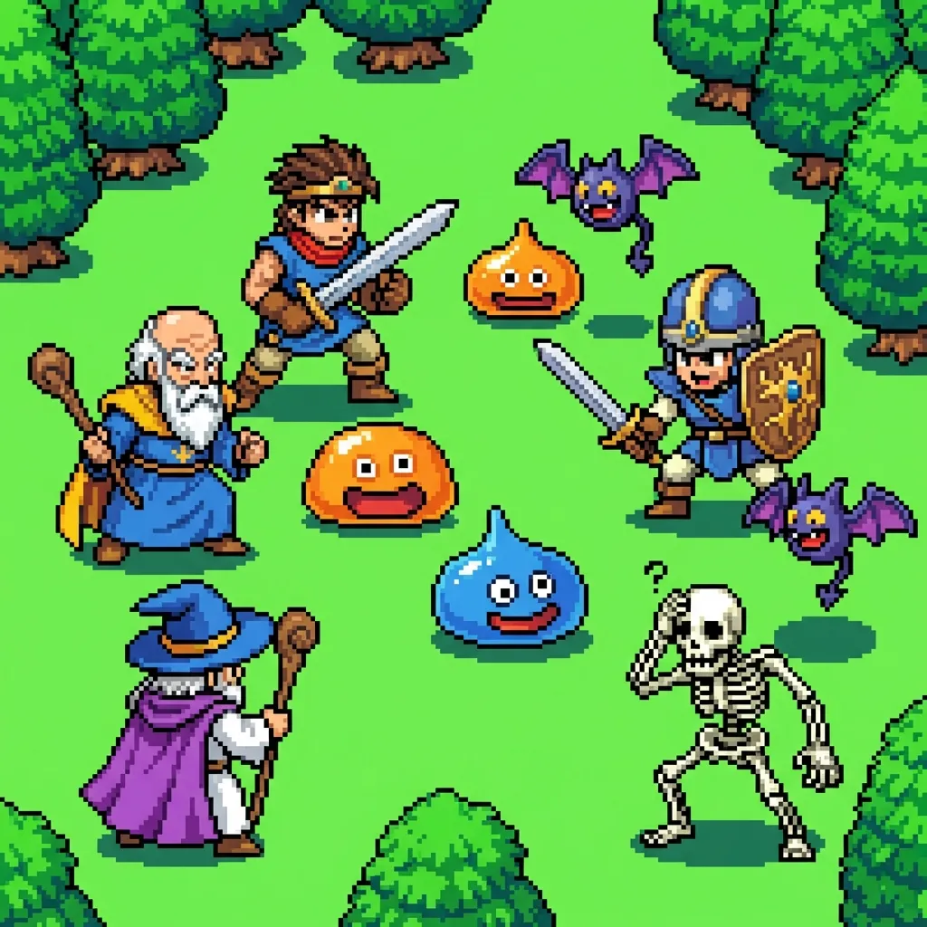 初期のドラゴンクエストスタイルで描かれた、非常に詳細な16ビットのレトロピクセルアートシーン。冒険者パーティがモンスターと戦う姿がコミカルに描かれている。メニューは表示されていない。これらすべてがピクセル単位で細部まで丁寧に描かれている。このシーンは、美しくクリーンなセルシェーディングされたピクセルアートで描かれており、鮮明な輪郭と際立った鮮やかなカラーブロックが特徴だ。明るく均一な照明は、晴れた日の壮大な冒険感を呼び起こす。16ビット、ピクセルアート、高精細、SNES美学、美しいライティング。