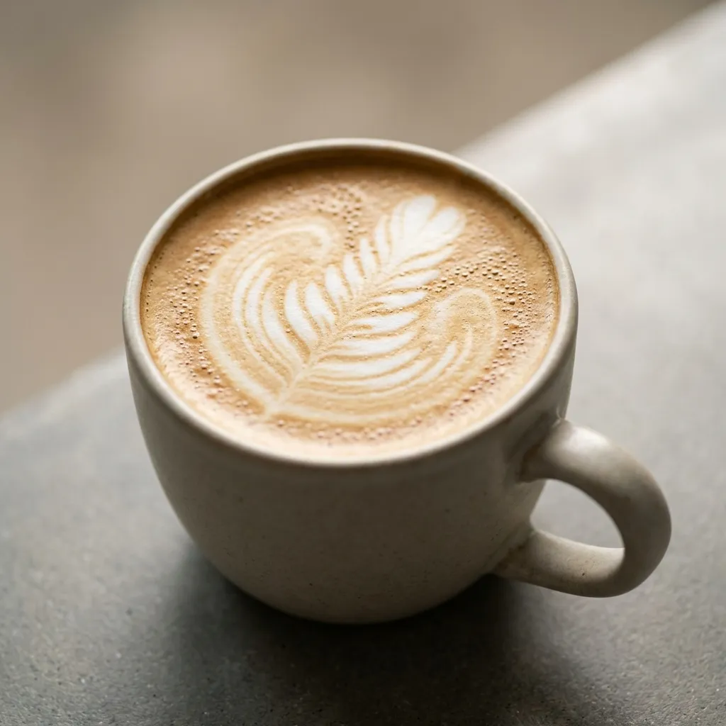 滑らかに磨かれたコンクリート表面に置かれた、セラミックマグのフォトリアリスティックなクローズアップマクロ写真。マグには繊細なラテアートが施されている。横から当たる柔らかく拡散されたシネマティックな光を美しく捉えている。泡アートの繊細なディテールにフォーカスは極めてシャープで、微細なマイクロバブルも見える。背景は、微妙なニュートラルカラーの柔らかく魅力的なボケにぼかされている。f/1.8の単焦点レンズで撮影され、被写界深度は極めて浅い。8K、超高精細、プロフェッショナルなライティング、繊細なディテール、シャープなフォーカス、商業品質、Unsplashスタイル、Getty Imagesの美学。